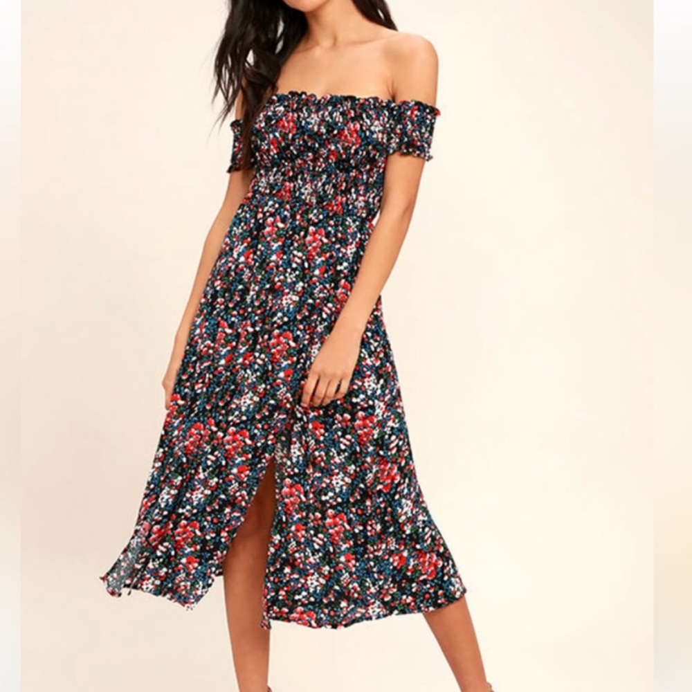 Lulu’s View From the Meadow Black Floral Print Off-Shoulder Dress, Size Small